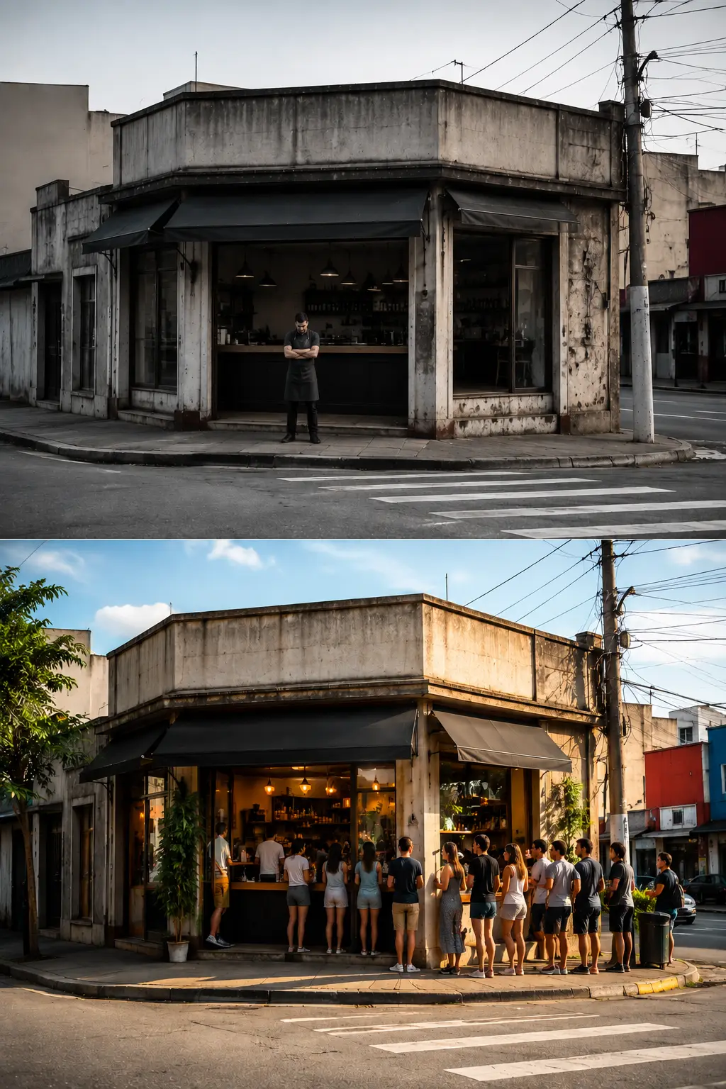 Duas fotos empilhadas do mesmo comércio: em cima, fechado e sem cliente; embaixo, aberto, com fila e movimento