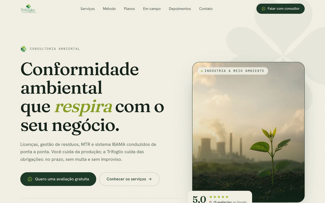 Site da Trifoglio Engenharia Ambiental, criado pela Sete77